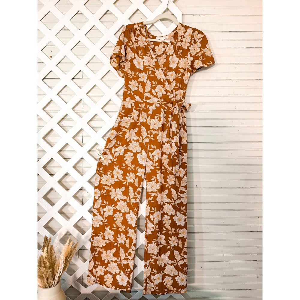 Monteau Los Angeles Womens Small Rust Orange Floral Wrap Front Wide Leg Jumpsuit